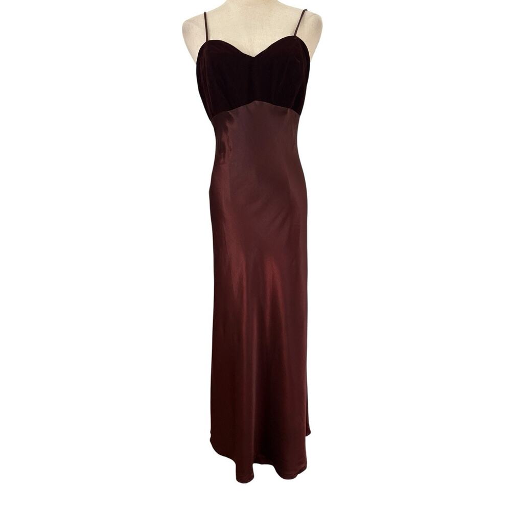 Vtg 90s Betsy & Adam Brown Velvet Satin‎ Gown Slip Dress Empire Waist Prom Hoco